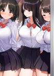  3girls bangs black_hair black_skirt blush bow bowtie bra bra_peek breasts cleavage collared_shirt eyebrows_visible_through_hair kaisen_chuui large_breasts long_hair long_sleeves multiple_girls original panties pleated_skirt red_bow red_eyes red_neckwear school_uniform see-through shirt short_hair side-tie_panties skirt smile standing underwear white_shirt 