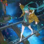  1girl aqua_eyes aqua_hair aqua_neckwear baraba_baba barefoot cytus grey_vest hair_between_eyes hatsune_miku holding_boots long_hair necktie outstretched_arm photoshop_(medium) railroad_crossing railroad_tracks reflection solo solo_focus twintails vest vocaloid 