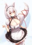  1girl amano_kusatsu animal_ear_fluff animal_ears apron arm_up azur_lane blush breasts choker closed_mouth dress eyebrows_visible_through_hair fox fox_ears fox_girl fox_tail frills gradient gradient_background hair_between_eyes highres huge_breasts lace-trimmed_hairband looking_at_viewer maid maid_apron maid_dress maid_headdress puffy_sleeves red_eyes red_ribbon ribbon short_hair short_sleeves sirius_(azur_lane) solo tail thighhighs two-tone_dress white_hair white_legwear 