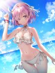  1girl bangs bare_shoulders beach bikini blue_sky blush bracelet breasts cleavage closed_mouth collarbone fate/grand_order fate_(series) hair_over_one_eye hair_ribbon highres jewelry large_breasts lavender_hair looking_at_viewer mash_kyrielight navel ocean photoshop_(medium) purple_eyes ribbon rity short_hair sky smile sparkle swimsuit thighs white_bikini white_ribbon 