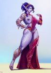  blizzard_entertainment blue_body blue_skin clothing female footwear hand_on_hip hi_res high_heels humanoid_pointy_ears janrock nipple_piercing nipples not_furry one_breast_out piercing shoes solo video_games void_elf warcraft wide_hips 