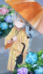  1girl bangs braid braided_ponytail buttons coat flower grey_background hair_between_eyes hair_ornament hair_over_one_eye hair_ribbon hamanami_(kantai_collection) highres holding holding_umbrella hydrangea kantai_collection light_blue_hair light_blush long_hair looking_at_viewer orange_eyes ponytail puddle raincoat ribbon shirt smile solo u_yuz_xx umbrella water_drop wet white_shirt yellow_coat 