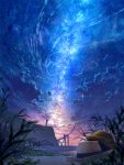  blurry blurry_foreground brown_headwear cliff cloud cloudy_sky commentary_request depth_of_field grass hat highres lighthouse mocha_(cotton) night night_sky no_humans original outdoors scenery sky star_(sky) starry_sky water 