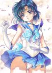  1girl ass_visible_through_thighs bishoujo_senshi_sailor_moon blue_eyes blue_hair blush bow cameltoe choker collarbone cowboy_shot elbow_gloves gloves graphite_(medium) highres marker_(medium) mechanical_pencil mizuno_ami panties parted_lips pencil petals sailor_collar sailor_mercury short_hair solo thigh_gap thighs tomoeri traditional_media underwear 