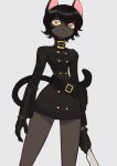  1girl :&lt; animal_ears bare_legs belt black_fur black_gloves black_hair cat_ears cat_girl cat_tail colo_(nagrolaz) full_body fur furry gloves hair_between_eyes highres holding holding_knife holding_weapon knife long_sleeves looking_at_viewer md5_mismatch military military_uniform original resolution_mismatch sam_browne_belt short_hair snout source_larger tail uniform weapon yellow_eyes 