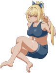  1girl absurdres adapted_costume alternate_costume bare_legs barefoot blonde_hair blue_shorts blue_tank_top blush bow breasts collarbone commentary crop_top dark_skin eyebrows_visible_through_hair eyes_visible_through_hair fool_iketani full_body hair_between_eyes hair_bow hand_in_hair highres hololive invisible_chair large_breasts long_hair looking_at_viewer midriff multicolored_hair navel pointy_ears ponytail puckered_lips red_eyes shiranui_flare short_shorts shorts simple_background sitting sleeveless solo streaked_hair sweat tank_top thighs toned two-tone_hair virtual_youtuber white_background white_hair 