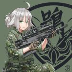  1girl ahoge anti-materiel_rifle bipod bulletproof_vest camouflage gepard_gm6_lynx gloves green_eyes gun highres jpc military original ponytail rifle scope silver_hair sitting sniper_rifle weapon 