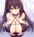  1girl alternate_costume asamura_hiori azur_lane bangs bare_shoulders black_hair black_legwear blush breasts cleavage closed_mouth collarbone commentary earrings eyebrows_visible_through_hair from_above garter_straps gradient gradient_background hair_between_eyes highres huge_breasts jewelry long_hair looking_at_viewer navel navel_cutout race_queen shiny shiny_skin smile solo standing thighhighs very_long_hair wrist_cuffs yellow_eyes zuikaku_(azur_lane) zuikaku_(the_wind&#039;s_true_name)_(azur_lane) 