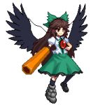  1girl arm_cannon bird_wings black_footwear black_frills black_wings blouse bow brown_hair cape collared_blouse control_rod eyebrows_visible_through_hair frilled_skirt frills green_bow green_skirt hair_bow long_hair lowres mismatched_footwear pixel_art red_eyes reiuji_utsuho short_sleeves simple_background skirt smile solo starry_sky_print third_eye touhou tsukimiya_toito v-shaped_eyebrows weapon white_background white_blouse wings 