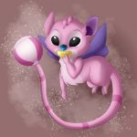  1:1 2020 3_toes alien antennae_(anatomy) babyfier bamboo_grove_(artist) black_eyes blue_nose dipstick_antennae disney experiment_(lilo_and_stitch) fluffy fur hi_res lilo_and_stitch multicolored_antennae pacifier pink_body pink_fur purple_wings rattle_(anatomy) simple_background solo striped_tail stripes toes watermark wings 