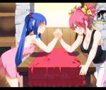  2girls arm_wrestling artist_name backless_dress backless_outfit bare_shoulders blue_eyes blue_hair blush bow breasts cleavage closed_eyes collarbone dress fairy_tail gaston18 hair_between_eyes hair_bow highres indoors long_hair medium_breasts multiple_girls pants photo_(object) pink_hair sheria_blendy shirt short_hair shoulder_tattoo sleeveless standing sweat table tattoo teeth twintails watermark wendy_marvell 