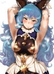 1girl absurdres animal_ears areola_slip areolae armpits arms_behind_head arms_up backless_dress backless_outfit bangs blue_hair blush breasts bunny_ears closed_mouth commentary_request dress erune ferry_(granblue_fantasy) frilled_gloves frills gloves granblue_fantasy hero_neisan highres huge_filesize jewelry long_hair looking_at_viewer medium_breasts sideboob sideless_outfit single_earring smell sweat wavy_hair yellow_eyes 