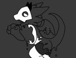  2020 anthro black_body black_latex black_tail changed_(video_game) dragontim goo_transformation human_to_anthro humanoid lin_(changed) male mask monochrome open_mouth raised_tail rubber solo_focus species_transformation tar transformation white_body wings 