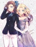  2girls blonde_hair blue_bow blue_eyes bow brown_hair cake_no_shaberu dress formal gloves hair_bow highres jewelry katarina_claes long_hair looking_at_viewer maria_campbell multiple_girls otome_game_no_hametsu_flag_shika_nai_akuyaku_reijou_ni_tensei_shite_shimatta purple_dress smile suit white_gloves 