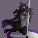  1:1 2020 anthro blvejay breasts canid canine canis chibi clothing collar dancing detailed female gas_mask hair harness hi_res leather legwear long_hair mammal mask nipple_chain nipple_piercing nipples nude piercing pole pole_dancing shaded simple_background slightly_chubby solo stockings wolf 