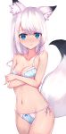  1girl absurdres animal_ear_fluff animal_ears bangs bare_arms bare_shoulders blue_bra blue_eyes blue_panties blush bow bow_panties bra breasts cleavage closed_mouth commentary_request crossed_arms eyebrows_visible_through_hair fox_ears fox_girl fox_tail groin hair_between_eyes highres long_hair masaki_(msk064) medium_breasts navel nose_blush original panties side-tie_panties simple_background solo strap_slip tail underwear white_background white_hair 