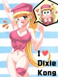  3:4 alternate_species blonde_hair bottomless clothed clothing convenient_censorship dixie_kong donkey_kong_(series) duo female gomabee hair hi_res human human_focus humanized kong mammal nintendo not_furry_focus primate shirt tied_shirt topwear video_games 