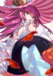  1girl amana_(pocketkey) back bangs blue_eyes dragon_tail dress earrings elizabeth_bathory_(fate) elizabeth_bathory_(fate)_(all) eyebrows_visible_through_hair fate/extra fate/grand_order fate_(series) frills hat highres jewelry long_hair looking_at_viewer open_mouth pointy_ears purple_hair solo tail 