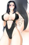  1girl adjusting_clothes adjusting_swimsuit ass bam.g black_hair blue_eyes blush breasts cleavage commission covered_nipples highres invincible_dragon large_breasts last_origin long_hair looking_at_viewer navel one-piece_swimsuit solo sweat swimsuit thick_thighs thighs zoom_layer 