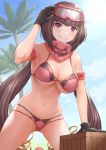  1girl arm_garter bangs bare_shoulders bikini black_gloves blue_sky blush breasts brown_hair cleavage fate/grand_order fate_(series) gloves goggles goggles_on_head gradient_hair grin large_breasts long_hair looking_at_viewer low_twintails mokyumokyuchan multi-strapped_bikini multicolored_hair navel osakabe-hime_(fate/grand_order) osakabe-hime_(swimsuit_archer)_(fate) palm_tree pink_bikini pink_scarf purple_eyes scarf ski_goggles sky smile swimsuit thighs tree twintails very_long_hair 