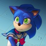  1:1 2020 anthro blue_body blush bow challenge clothed clothing collar digital_media_(artwork) eulipotyphlan green_eyes hedgehog kotyami male mammal sailor_moon_redraw_challenge saloon_dress scared solo sonic_the_hedgehog sonic_the_hedgehog_(film) sonic_the_hedgehog_(series) teeth 