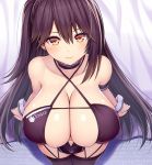  1girl alternate_costume asamura_hiori azur_lane bangs bare_shoulders black_hair black_legwear blush breasts cleavage closed_mouth collarbone commentary earrings eyebrows_visible_through_hair from_above garter_straps gradient gradient_background hair_between_eyes highres huge_breasts jewelry long_hair looking_at_viewer navel navel_cutout race_queen revision shiny shiny_skin smile solo standing thighhighs very_long_hair wrist_cuffs yellow_eyes zuikaku_(azur_lane) zuikaku_(the_wind&#039;s_true_name)_(azur_lane) 