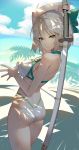 1girl absurdres ahoge aqua_bow arm_up ass bangs bare_arms bare_shoulders beach bikini blue_sky bow breasts cloud commentary cowboy_shot day fate/grand_order fate_(series) grey_eyes hair_between_eyes hair_bow highres holding holding_sword holding_weapon katana looking_at_viewer medium_breasts okita_souji_(fate) okita_souji_(fate)_(all) outdoors short_hair silver_hair sky solo standing sukocchi swimsuit sword thighs weapon white_bikini 