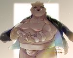  2020 anthro belly bodily_fluids brown_body brown_fur clothing fur humanoid_hands kemono lagoon_bluebear male mammal moobs nipples overweight overweight_male scar shirt solo sumo sweat topwear ursid 