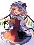  1girl blonde_hair commentary cowboy_shot crystal flandre_scarlet gradient gradient_background hat laevatein medium_hair mob_cap open_mouth pointy_ears puffy_short_sleeves puffy_sleeves red_eyes red_skirt red_vest retota sharp_teeth shirt short_sleeves side_ponytail skirt smile solo teeth touhou vest white_headwear white_shirt wings yellow_neckwear 