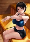  1girl bangs bare_shoulders black_hair black_shorts blue_sports_bra blush bracelet breasts brick_wall brown_eyes cleavage closed_mouth highres indoors jewelry large_breasts looking_to_the_side midriff navel neko_neko_koneko original outstretched_arm parted_bangs pink_lips short_hair short_shorts shorts sitting smile sports_bra stomach sweat thighs water_drop wooden_floor 