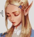  1girl bangs blonde_hair braid closed_eyes commentary crown_braid english_commentary eyelashes face forehead hair_ornament hair_over_shoulder hairclip lips long_hair long_pointy_ears making-of_available nose parted_bangs pointy_ears portrait princess_zelda solo sozomaika the_legend_of_zelda the_legend_of_zelda:_breath_of_the_wild thick_eyebrows white_background 