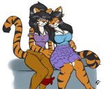  2019 absurd_res alice_(waffl3sk4t) anthro black_hair black_nose blush bottomwear breasts clothed clothing duo eyes_closed facial_markings felid female hair head_markings hi_res jewelry julia_(waffl3sk4t) mammal markings pantherine pants shirt sitting smile stripes tank_top tiger topwear waffl3sk4t 