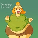  1:1 2019 animal_crossing anthro belly belly_overhang big_belly big_breasts bottomwear breasts canid canine canis cleavage clothed clothing dialogue domestic_dog english_text female fur hi_res isabelle_(animal_crossing) looking_at_viewer love_handles mammal morbidly_obese morbidly_obese_female nintendo obese obese_female offscreen_character overweight overweight_female portrait psydoux shih_tzu shorts simple_background solo standing sweater text thick_thighs three-quarter_portrait topwear toy_dog video_games weight_gain wide_hips yellow_body yellow_fur 