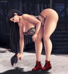  1girl ass bare_shoulders bent_over black_bra black_hair black_panties boots bra breasts brown_eyes cleavage coin collarbone commentary final_fantasy flowerxl hanging_breasts huge_breasts long_hair nipples panties parted_lips red_footwear solo thick_thighs thighs tifa_lockhart underwear very_long_hair 
