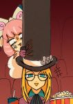  1boy 1girl anger_vein blonde_hair blue_eyes coat crescendeon cup disposable_cup eyelashes food glasses hat highres kurara_(pokemon) long_hair movie_theater pink_hair pokemon pokemon_(game) pokemon_swsh popcorn round_eyewear savory_(pokemon) top_hat white_coat 