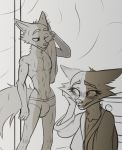  anthro athletic bathrobe blush bodily_fluids bulge caltro canid canine clothed clothing disney duo female fox greyscale hi_res male mammal monochrome mother mother_and_child mother_and_son mrs._wilde muscular nick_wilde nipple_outline parent parent_and_child pecs robe shower son steam sweat topless underwear zootopia 