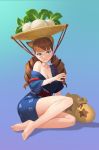  1girl animal_ears bangs bare_legs bare_shoulders barefoot basket blue_background blue_eyes blue_kimono blunt_bangs blush boar_ears bow breasts brown_hair cleavage closed_mouth collarbone commentary_request doubutsu_no_mori drill_hair food food_on_head gradient gradient_background highres japanese_clothes kimono long_hair looking_at_viewer medium_breasts moneybag object_on_head off-shoulder_kimono off_shoulder open_mouth short_kimono simple_background smile solo star_(symbol) star_print toes turnip twin_drills uri_(doubutsu_no_mori) wang_xiao_jun 