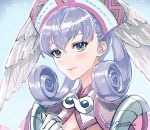  1girl blue_eyes closed_mouth commentary_request curly_hair gloves hat head_wings highres melia obo portrait silver_hair smile solo twitter_username white_gloves xenoblade_(series) xenoblade_1 