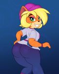  absurd_res activision anthro bandicoot black_nose blonde_hair bottomwear breasts butt clothed clothing coco_bandicoot crash_bandicoot_(series) female fully_clothed hair headgear headwear hi_res mammal marsupial neronova orange_body orange_ears pants pink_clothing pink_headwear solo teeth topwear video_games 