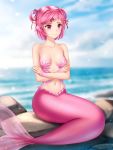  1girl artist_name bangs bare_arms bare_shoulders blurry blurry_background blush breasts closed_mouth collarbone commentary crossed_arms day depth_of_field doki_doki_literature_club english_commentary gigamessy hair_ornament hair_ribbon hairclip head_fins looking_afar looking_away mermaid monster_girl monsterification natsuki_(doki_doki_literature_club) navel ocean outdoors pink_eyes pink_hair red_ribbon ribbon rock scales short_hair sitting small_breasts smile solo stomach swept_bangs two_side_up water 