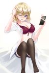  1girl absurdres black_legwear blonde_hair blue_eyes blue_shorts blush bra breasts cellphone cleavage earrings g36_(girls_frontline) girls_frontline hand_on_head highres jewelry jm289600 medium_breasts medium_hair no_shoes on_bed one_eye_closed open_clothes open_mouth open_shirt phone red_bra shirt shorts sitting sitting_on_bed smartphone solo stomach thighhighs timestamp underwear white_background white_shirt 