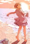  1girl barefoot beach blush brown_eyes brown_hair cloud cloudy_sky commentary_request dated dot_nose dusk full_body hasegawa_fumi highres holding holding_shoes jacket miniskirt ocean pleated_skirt rainydayjp sand scarf shoes short_hair signature skirt sky solo standing sun waves wind yuyushiki 