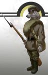  2017 anthro bag bayonet belt black_eyes black_nose boots borzoi canid canine canis clothed clothing domestic_dog eyebrows footwear fully_clothed fur grey_body grey_fur gun hat headgear headwear hunting_dog knife male mammal military military_uniform pimpartist ranged_weapon rifle sighthound simple_background traditional_media_(artwork) uniform weapon world_war_1 