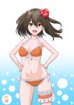  1girl bikini blue_background breasts brown_eyes brown_hair commentary_request cowboy_shot flower front-tie_top gradient gradient_background hair_flower hair_ornament hands_on_hips hibiscus highres kantai_collection leg_garter looking_at_viewer orange_bikini sendai_(kantai_collection) short_hair side-tie_bikini small_breasts solo standing swimsuit t2r two_side_up white_background 