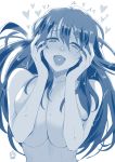  1girl bangs blue_theme blush breast_press breasts cleavage commentary_request full-face_blush ge_xi hair_between_eyes half-closed_eyes hands_on_own_cheeks hands_on_own_face hands_up highres large_breasts long_hair looking_at_viewer monochrome motion_lines nude original qin_xiang_(ge_xi) simple_background solo sweat trembling upper_body white_background 