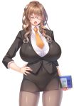  1girl :o bangs black_jacket black_legwear black_skirt blush boku_no_kanojo_wa_ecchi_na_sensei book breasts closed collared_shirt dress_shirt eyebrows_visible_through_hair eyes formal glasses hand_on_hip hayama_kazusa holding holding_book huge_breasts jacket long_hair miniskirt official_art open_mouth orange_neckwear pantyhose pencil_skirt pink_nails red-framed_eyewear shirt sidelocks skirt skirt_suit standing suit teacher white_shirt 