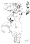  anthro butt clothing ear_piercing eyewear female goggles goggles_on_head lombax mammal mechanical_arm monochrome panthera_cantus piercing playstation_5 prosthetic prosthetic_arm prosthetic_limb ratchet_and_clank rift_apart_lombax solo standing video_games 