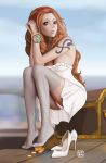  bracelet dress highres jewelry nami_(one_piece) one_piece panties tattoo tears-of-blade underwear white_dress white_legwear white_panties 