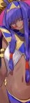  1girl :q amana_(pocketkey) animal_ears bangs breasts earrings egyptian_clothes eyebrows_visible_through_hair facial_mark fate/grand_order fate_(series) hairband highres jackal_ears jewelry long_hair looking_at_viewer navel nitocris_(fate/grand_order) purple_background purple_eyes purple_hair simple_background smile solo tongue tongue_out very_long_hair 