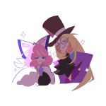  1boy 1girl blonde_hair blue_eyes bow coat finger_to_mouth fur_coat hat kurara_(pokemon) long_hair pepepegle pink_hair pink_lips pokemon pokemon_(game) pokemon_swsh purple_eyes round_eyewear savory_(pokemon) sparkle top_hat white_bow white_coat 